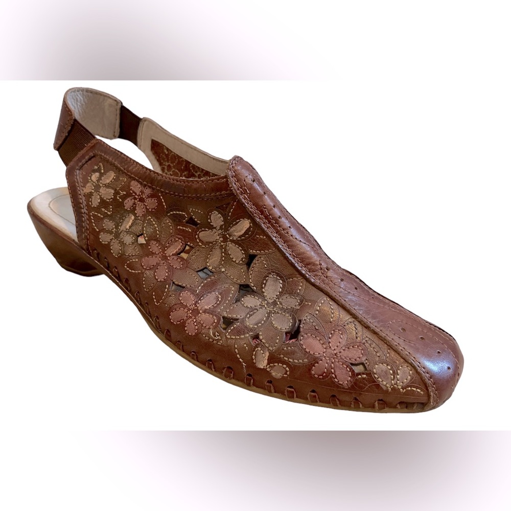 Pikolinos Brown Floral Laser-cut Elastic Slingback Leather Sandals Sz 39
